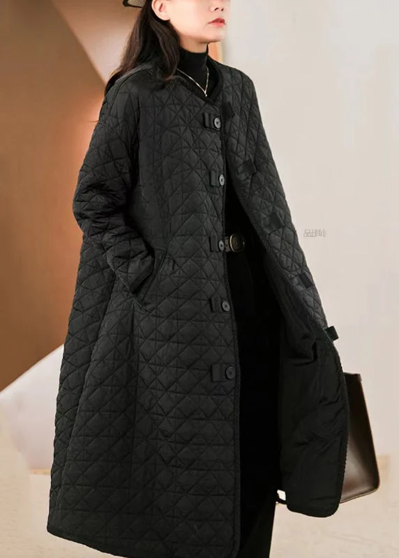 Women's Bomber CoatsNew Black O Neck Pockets Button Patchwork Fine Cotton Filled Coat Winter