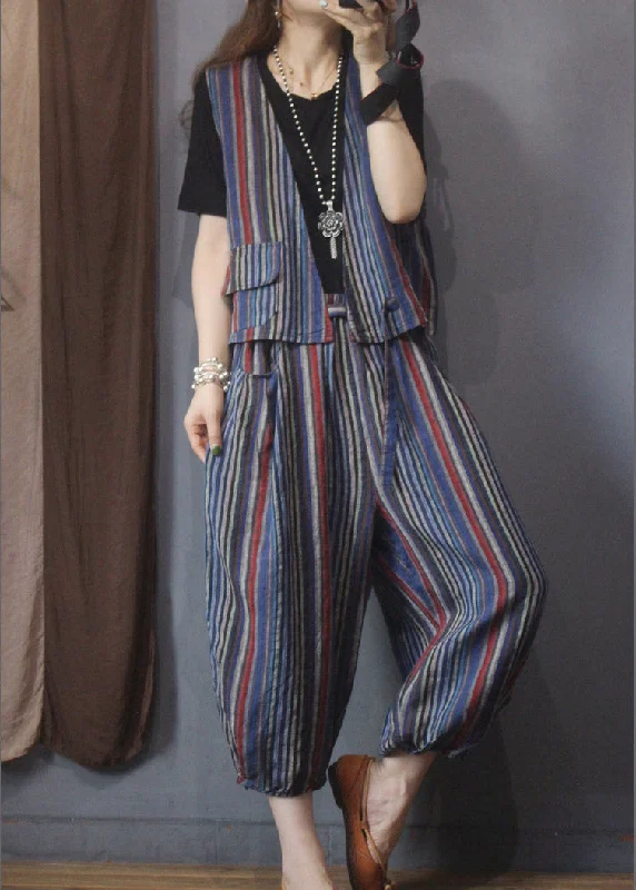 Women's PeacoatsCasual Red Blue Striped Linen Waistcoat And Beam Pants Two Piece Set Outfits Summer