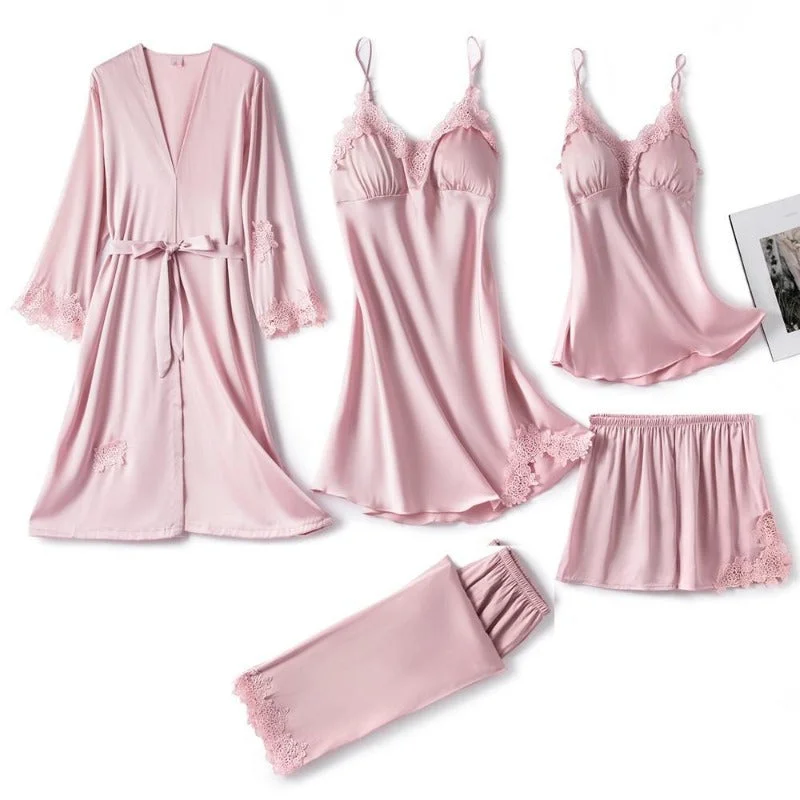 women's striped pajama sets5-Piece Robe Sleep Suit For Women