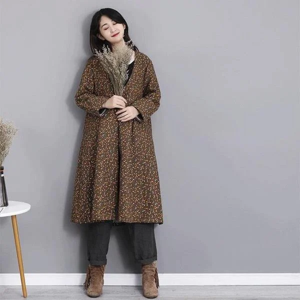 Women's Coats with Fur Trimmed BeltWinter Fashion V-neck Floral Print Cotton Linen Long Coat  Casual Women Outerwear