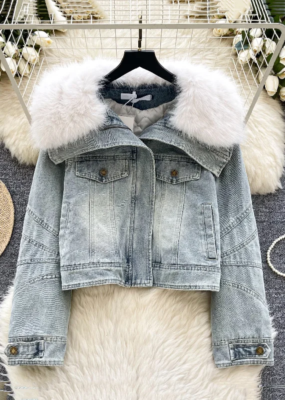 Women's Hooded CoatsFrench Blue Fur Collar Zippered Thick Denim Coat Winter