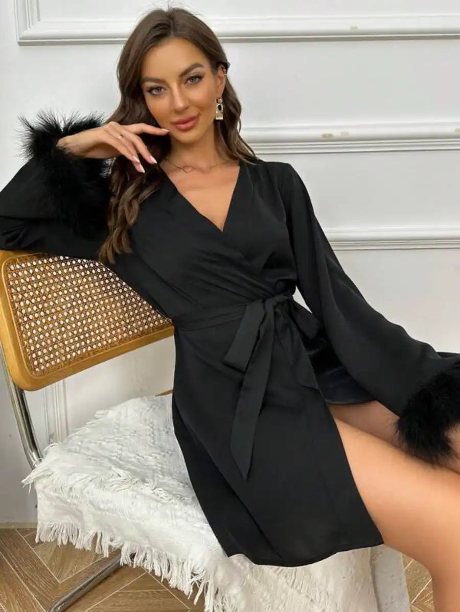 women's pajamas with an elasticized cuffsFuzzy Cuff Belted Robe