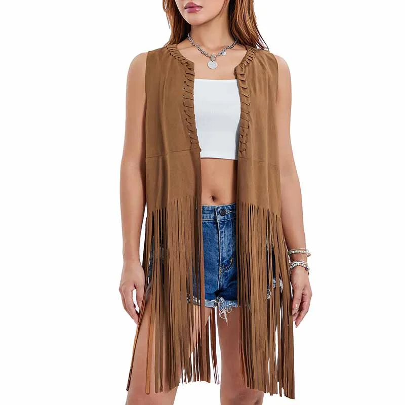 Women's Coats with CollarWomen Long Suede Fringe Vest Open Front Tassels Cardigan