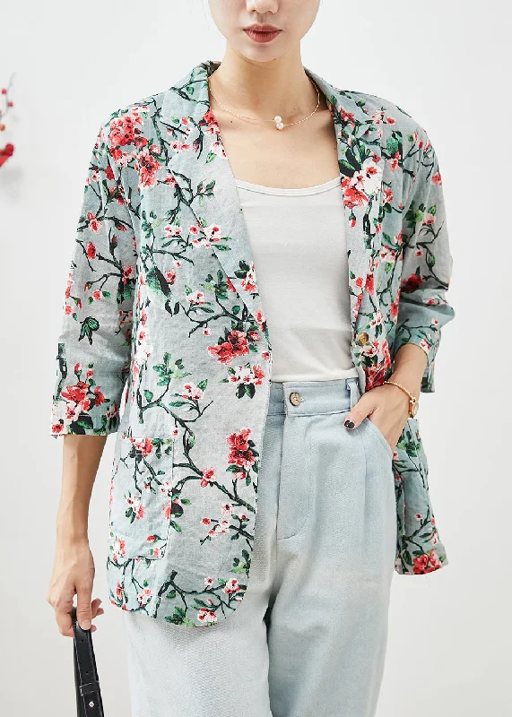 Women's Coats with Fur Trimmed BeltWomen Slim Fit Plum Blossom Print Pockets Linen Coats Half Sleeve