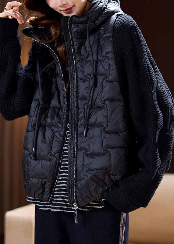 Women's Coats with Fur LiningSimple Black Hooded Zippered Cotton Filled Waistcoat Sleeveless