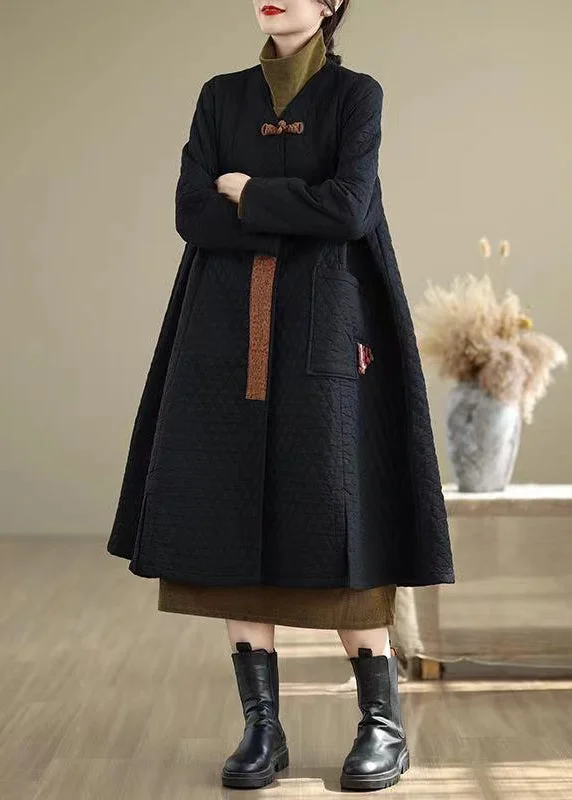 Women's Wool CoatsChinese Style Black V Neck Pockets Fine Cotton Filled Winter Coats