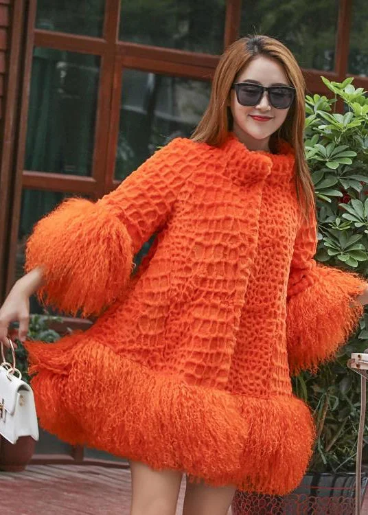 Women's Coats with PocketsWomen Orange Fluffy Patchwork Wool Coat Winter