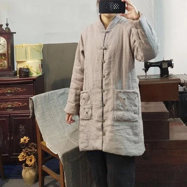 Women's Coats with Fur Trimmed ZipperWomen Vintage Linen Parkas Stand Long Sleeve Winter Coats