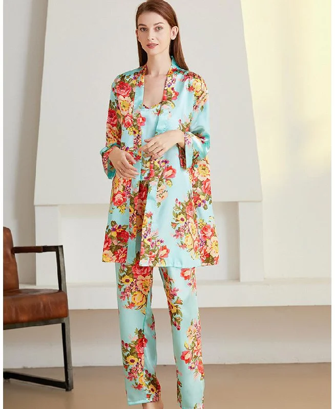 women's button-down pajama shirts3 Pieces Flower Printed Long Sleeve Pajama Set Home Clothing