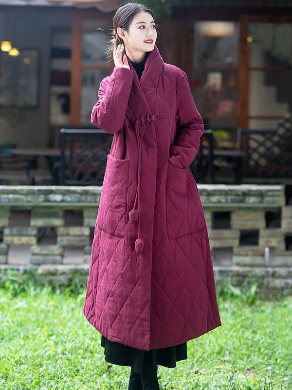 Women's Coats with Fur LiningWomen Vintage Solid Buckle Linen Padded Coat