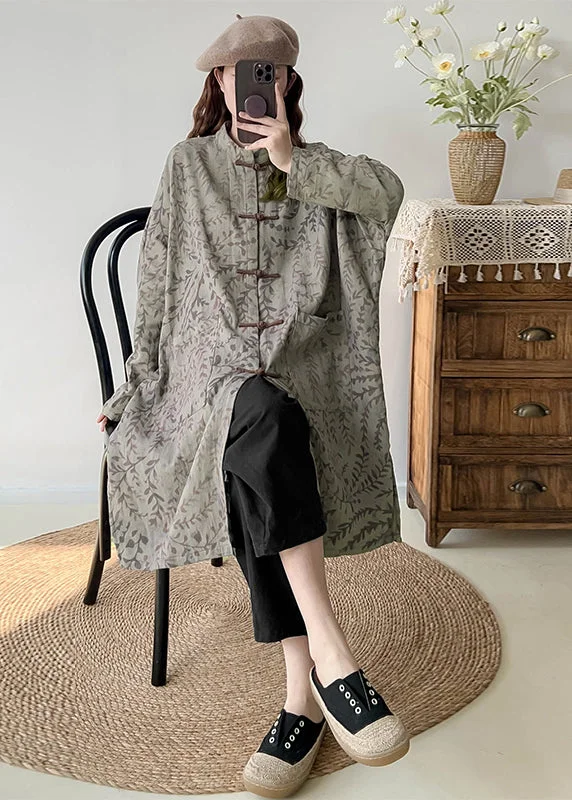 Women's Coats with Fur Trimmed BeltCasual Green Oversized Print Linen Coat Outwear Fall