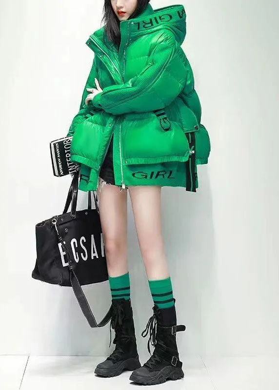 Women's Coats with Fur Trimmed ButtonsStylish Green Hooded Patchwork Letter Print Thick Duck Down Down Coats Winter