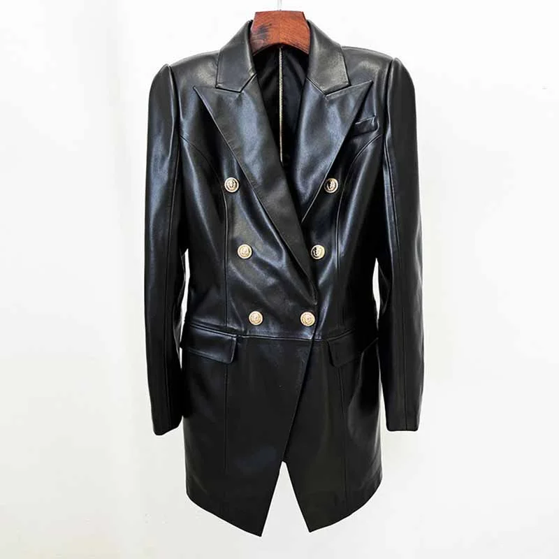 Women's Coats with Fur Trimmed HoodWomen's Faux Leather Blazer Minidress Black Double Breasted Blazer Dress