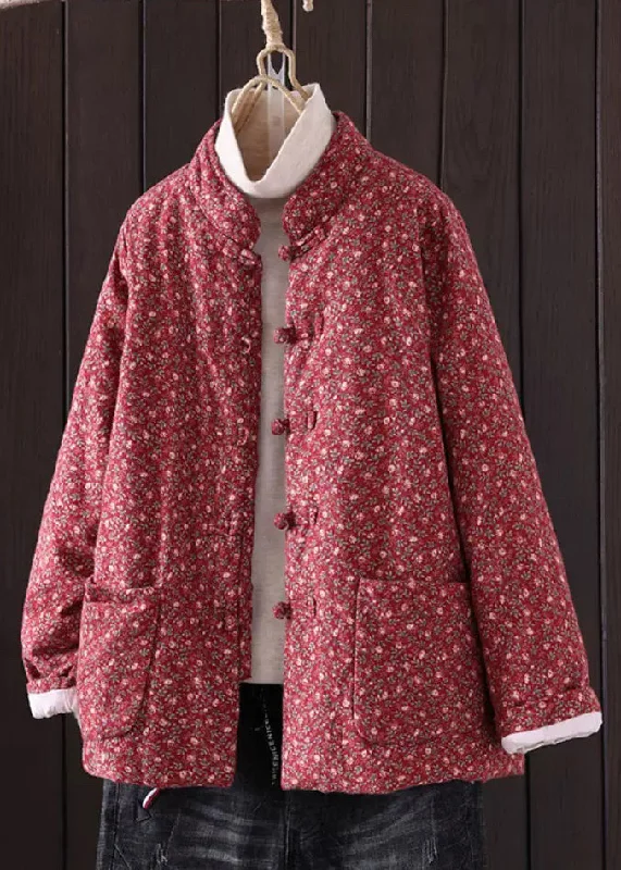 Women's Coats with Fur Trimmed ButtonsArt Red Print Button Pockets Thick Coat Winter