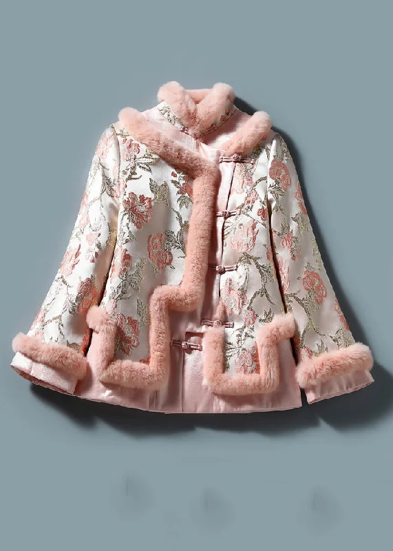 Women's Coats with Fur Trimmed BeltArt Pink Embroidery Button Patchwork Parkas Winter