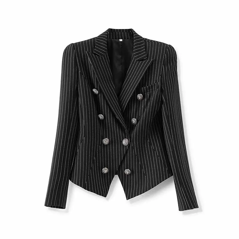 Women's Hooded CoatsBlack Checked Blazer Double Breasted Jacket Formal Business Coat For Women