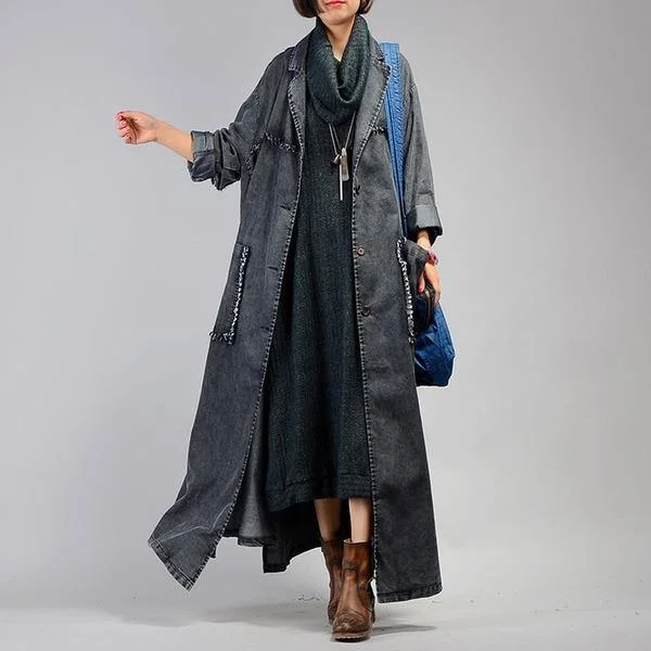 Women's Zip-Up CoatsWomen Trench Coat 2020 Fall Winter New Pockets Long Sleeve Blue Plus Size Trench