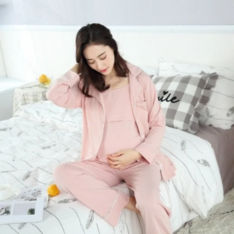 women's pajamas with a blend of comfort, style, and functionality3 Piece Women Soft Maternity Pajama Cotton Set Sleepwear Set