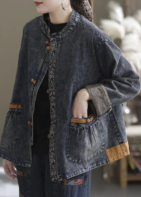 Women's Coats with Fur Trimmed ZipperBlue Patchwork Cotton Denim Coats Stand Collar Oriental Button Fall