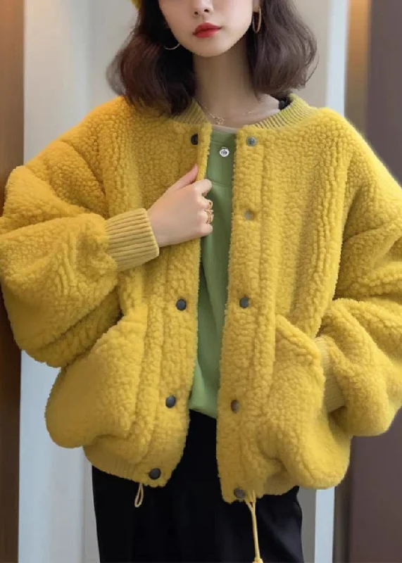 Women's Coats with Fur Trimmed HoodWomen Yellow Button Pockets Teddy Faux Fur Coat Spring