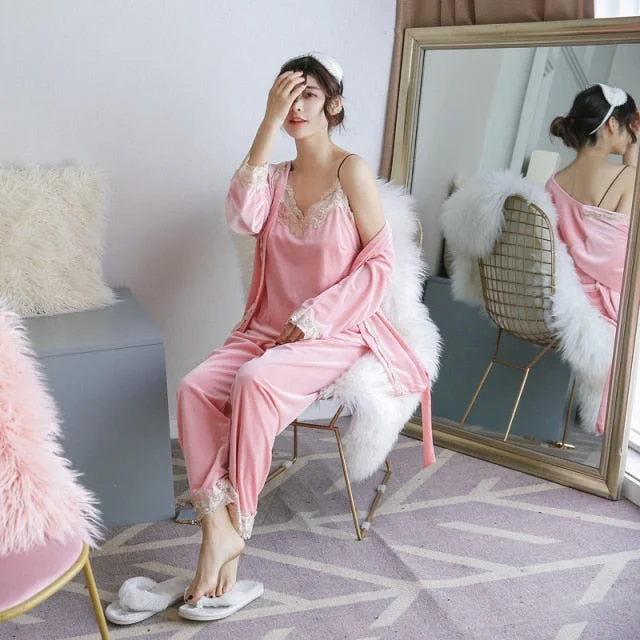 women's pajamas for lounging3 Pieces Ladies Velvet Nightwear Pajamas Autumn and Winter