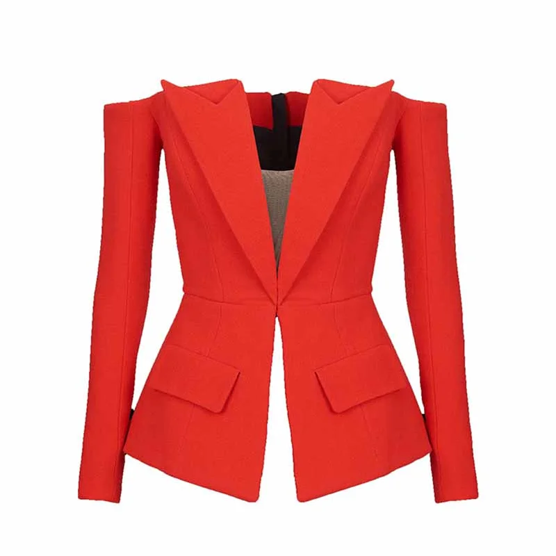 Women's Bomber CoatsWomen's Off Shoulder V-Neck Blazer in Red