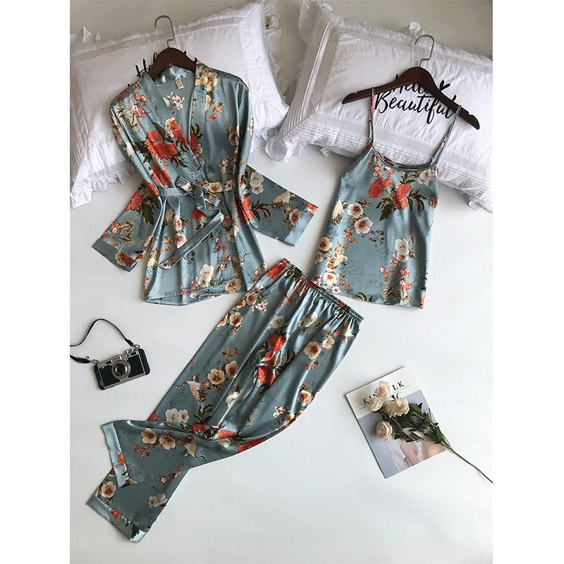 women's pajamas with a fitted design3 Piece Satin Flower Print Nightwear Pajama and Robe set