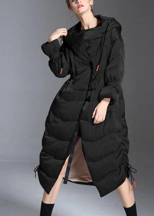 Women's Coats with Fur Trimmed ZipperTrendy Black hooded drawstring slim fit Winter Duck Down down coat