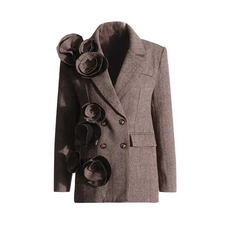 Women's Coats with Fur Trimmed SleevesRetro 3D Rosette Embellished Lapel Collar Long Sleeve Blazer