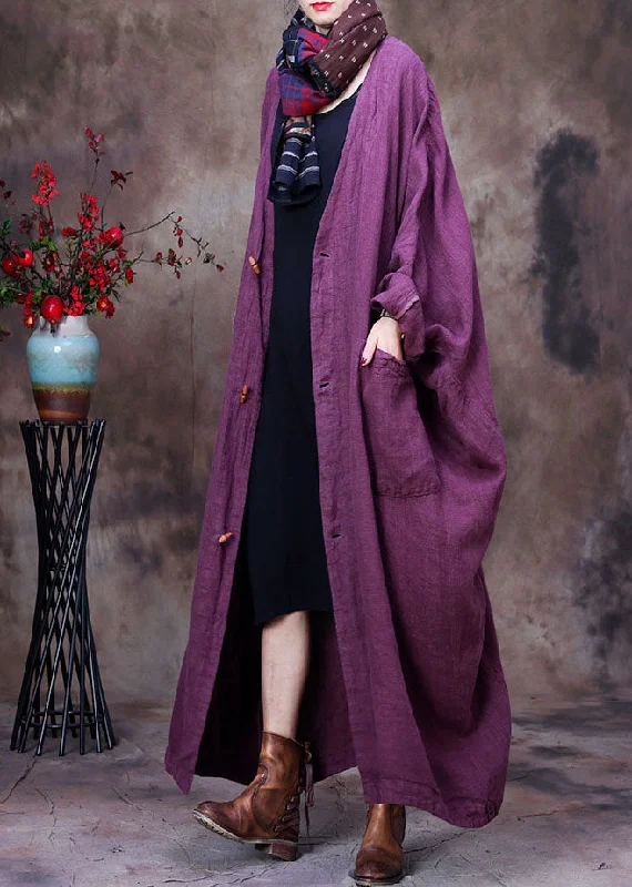 Women's Parka CoatsPlus Size Purple V Neck Floral Linen Coat Outwear Long Sleeve