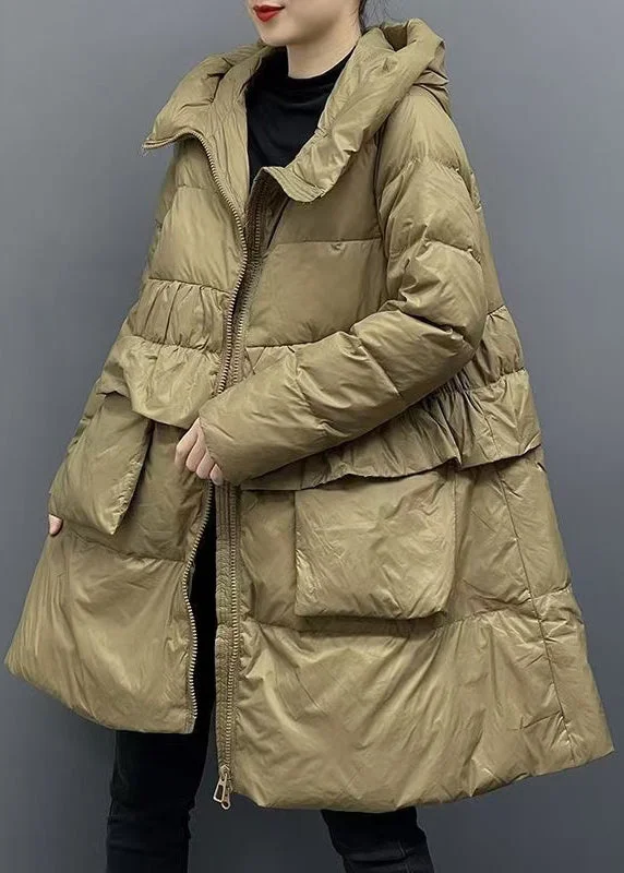 Women's Coats with Fur Trimmed SleevesWomen Khaki Hooded Zippered Pockets Down Coats Winter