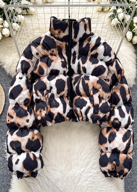 Women's PeacoatsChic Coffee Leopard Stand Collar Zippered Parkaer Winter