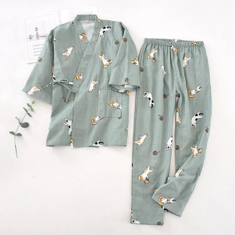 women's pajamas with drawstring waistPyjama Kimono Femme Motif Chat