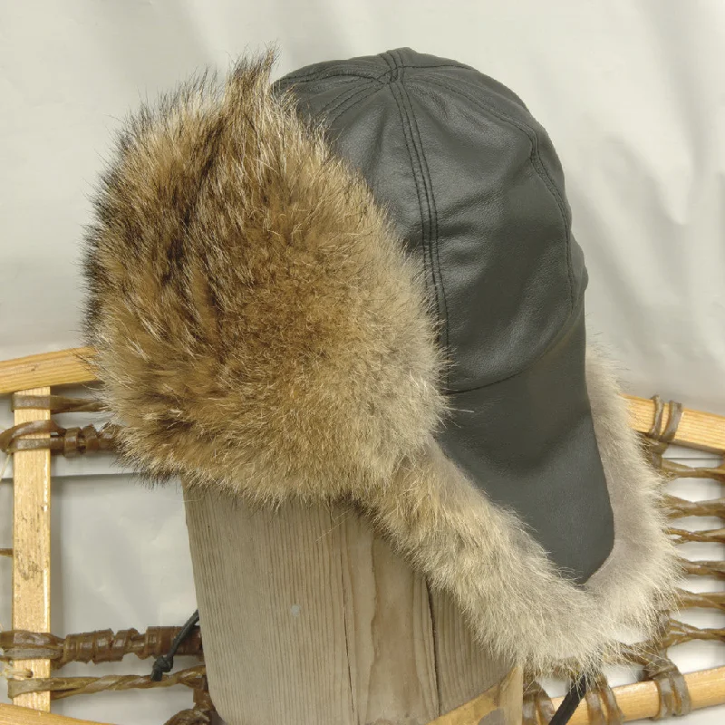 hats with adjustable strapsCoyote Leather Aviator Fur Hat