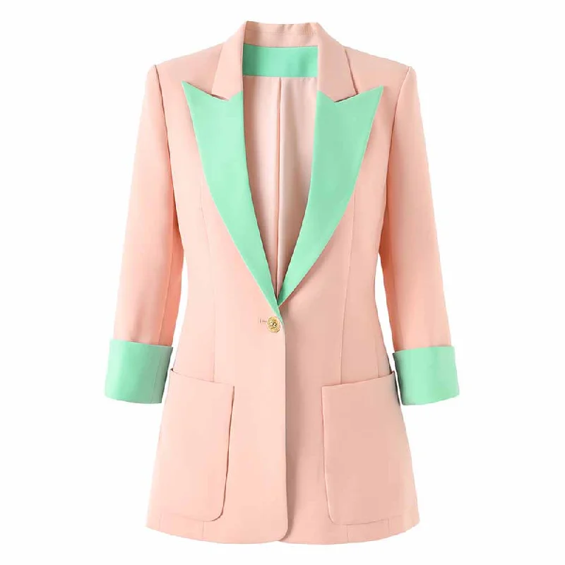 Women's Leather CoatsWomen's Single Breasted Blazer Double Crepe Two-Tone Jacket