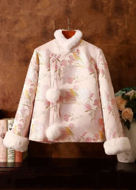 Women's Button-Up CoatsJacquard Pink Fur Collar Fuzzy Ball Patchwork Duck Down Down Coats Winter