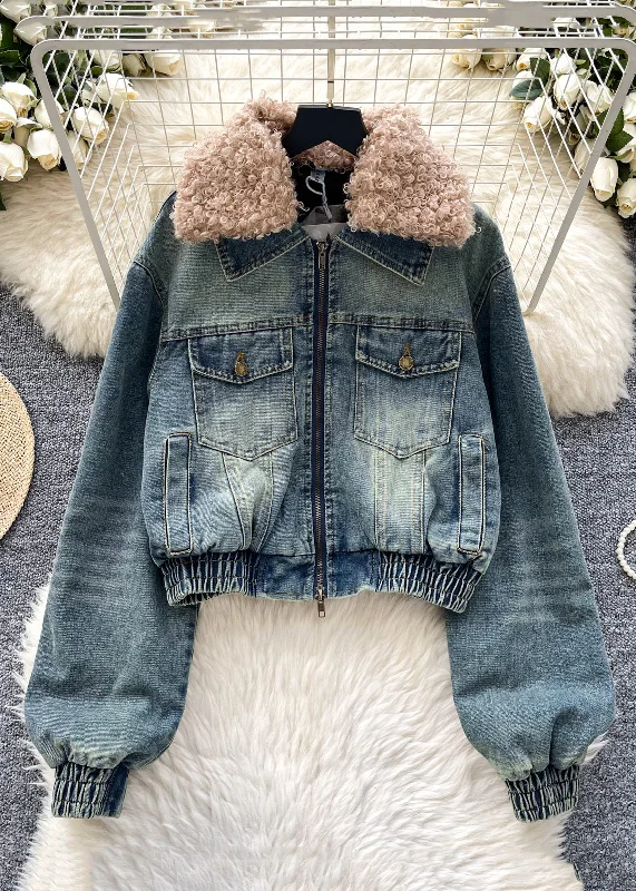 Women's Coats with Fur Trimmed SleevesLight Blue Zippered Cotton Filled Denim Coat Fur Collar Winter