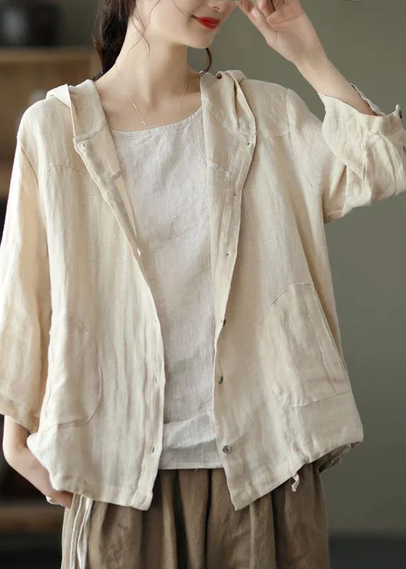 Women's Coats with Fur Trimmed HoodNatural Beige Pockets Patchwork Linen Hoodie Coat Summer