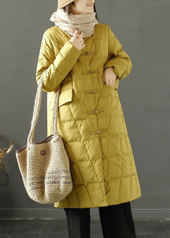 Women's Leather CoatsYellow Duck Down Puffer Jacket Stand Collar Oriental Button Winter