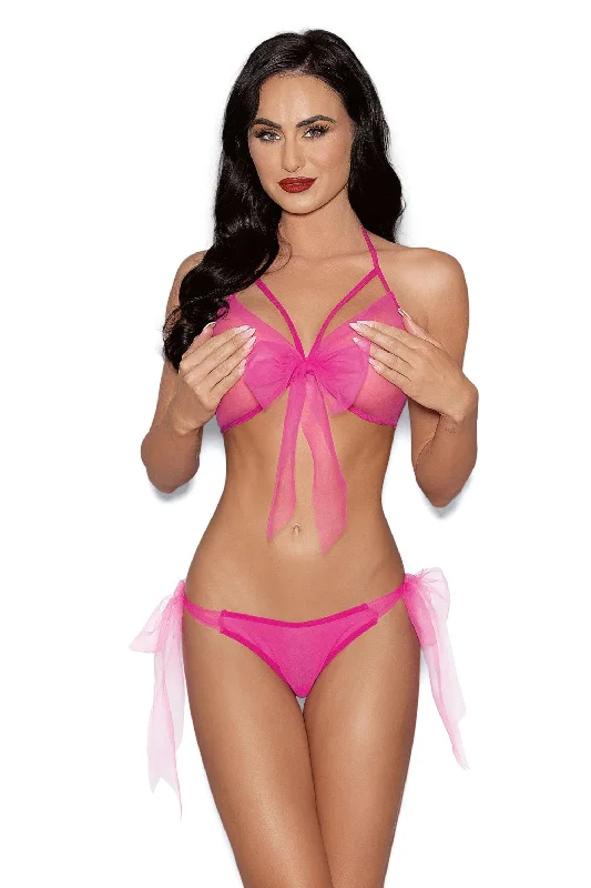 wireless bra with ruched sides for slimmingEscante Lingerie Tulle Bow Open Cups Bra Set Neon Pink Blacklight Glow