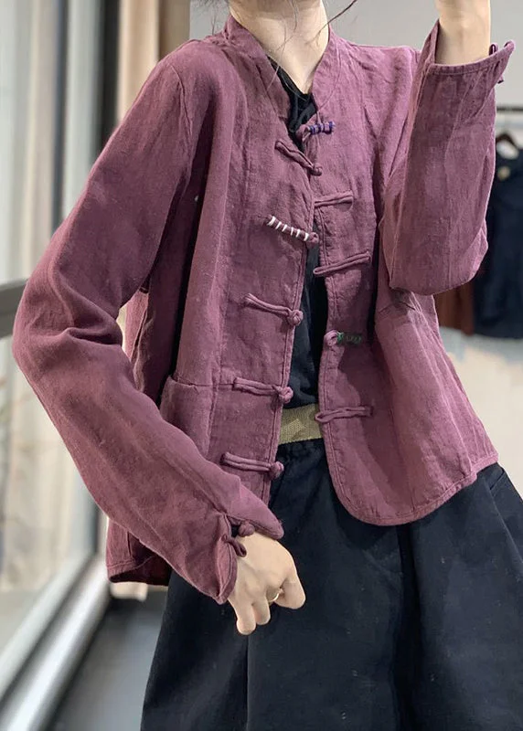 Women's Windbreaker CoatsRetro Purple Chinese Button Pockets Linen Coat Fall