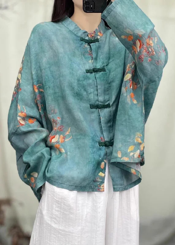 Women's Puffer CoatsGreen Print Patchwork Linen Coat O Neck Long Sleeve