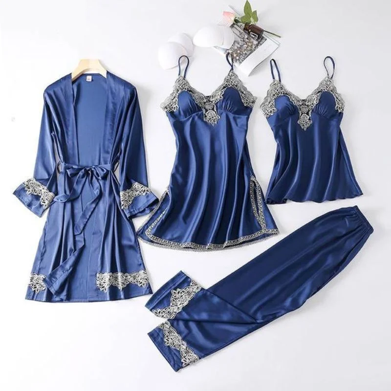 women's pajamas for those who appreciate soft, breathable fabrics4 Piece Silk Pajamas Set