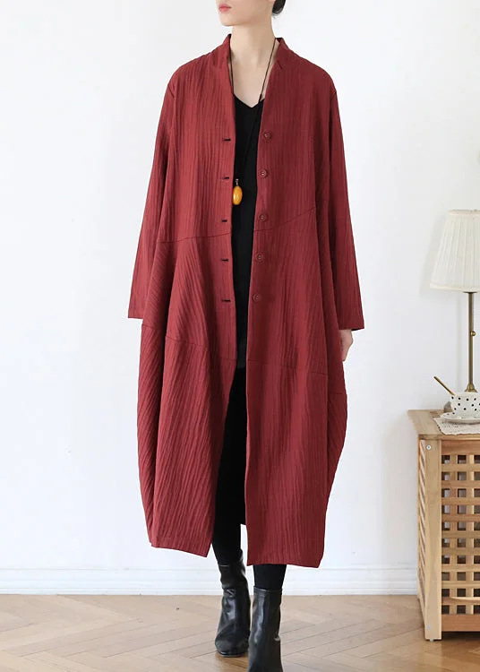 Women's Bomber CoatsBrick Red V Neck Button Linen Trench Coats Long Sleeve