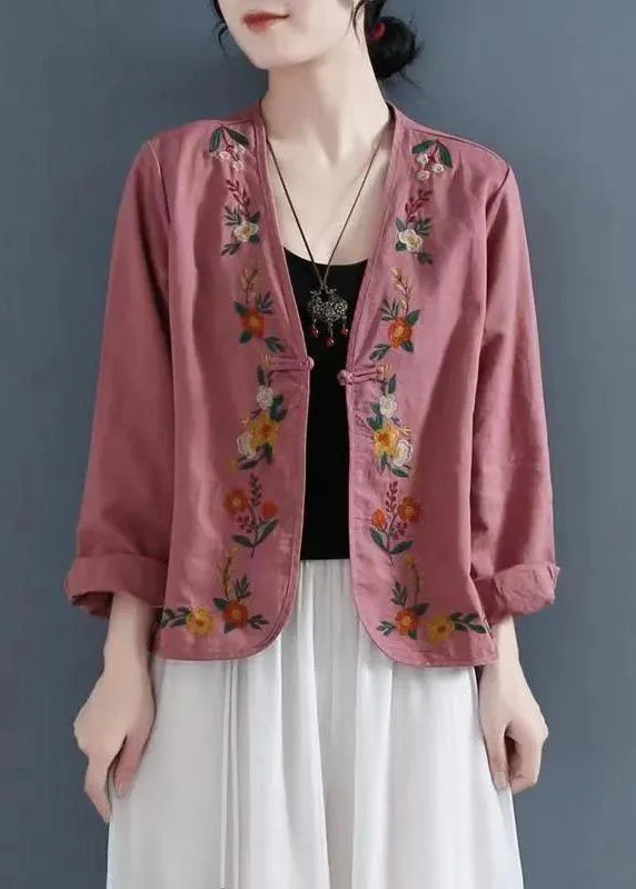 Women's Coats with CollarBeautiful Carmine Embroidered Button Patchwork Linen Coats Summer