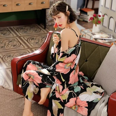 women's pajamas with pockets3 Pieces Floral Multicolored Women Pajamas Sets Comfy Cotton