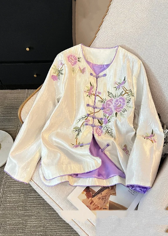 Women's Leather CoatsHandmade Apricot Embroidered Button Silk Coats Fall