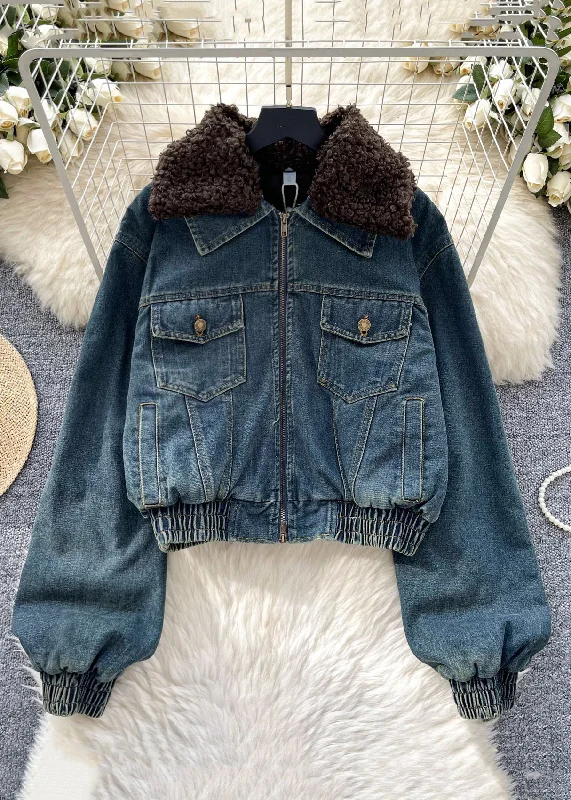 Women's Duffle CoatsModern Dark Blue Fur Collar Pockets Denim Parkas Winter