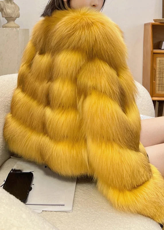 Women's Coats with Fur Trimmed CollarClassy Yellow Fox Collar Leather And Fur Coats Winter