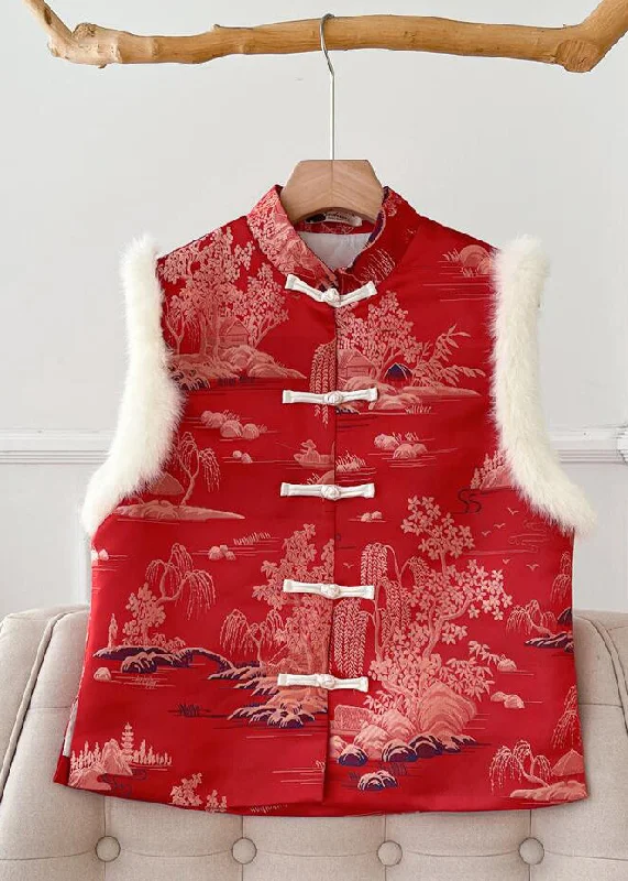 Women's Coats with BeltNew Red Fluffy Print Patchwork Thick Waistcoat Sleeveless